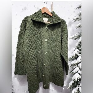 Elegant Olive Cable Knit wool Cardigan made in Ireland size xxl